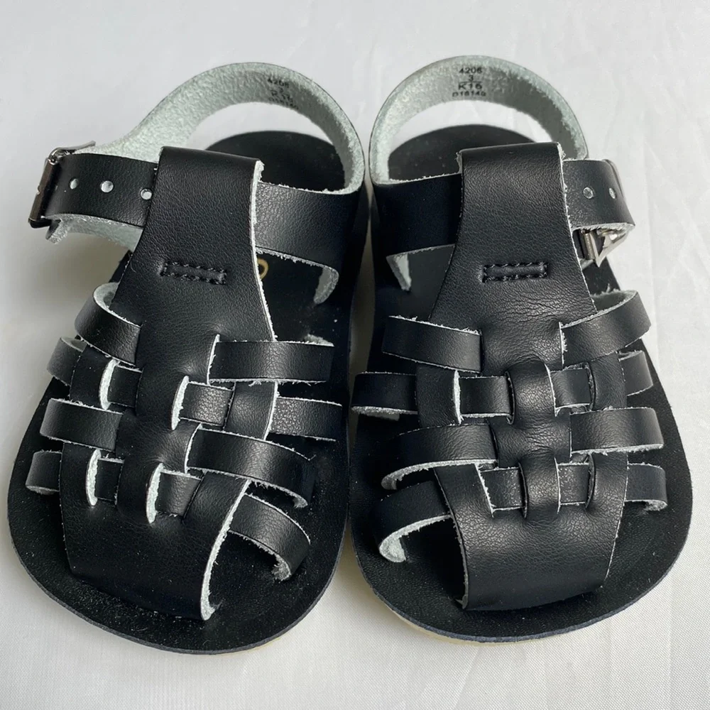 SUN-SAN Sailor Salt Water Sandals Black Size 18 EU 3 US Leather New In Box NWT - Picture 3 of 11